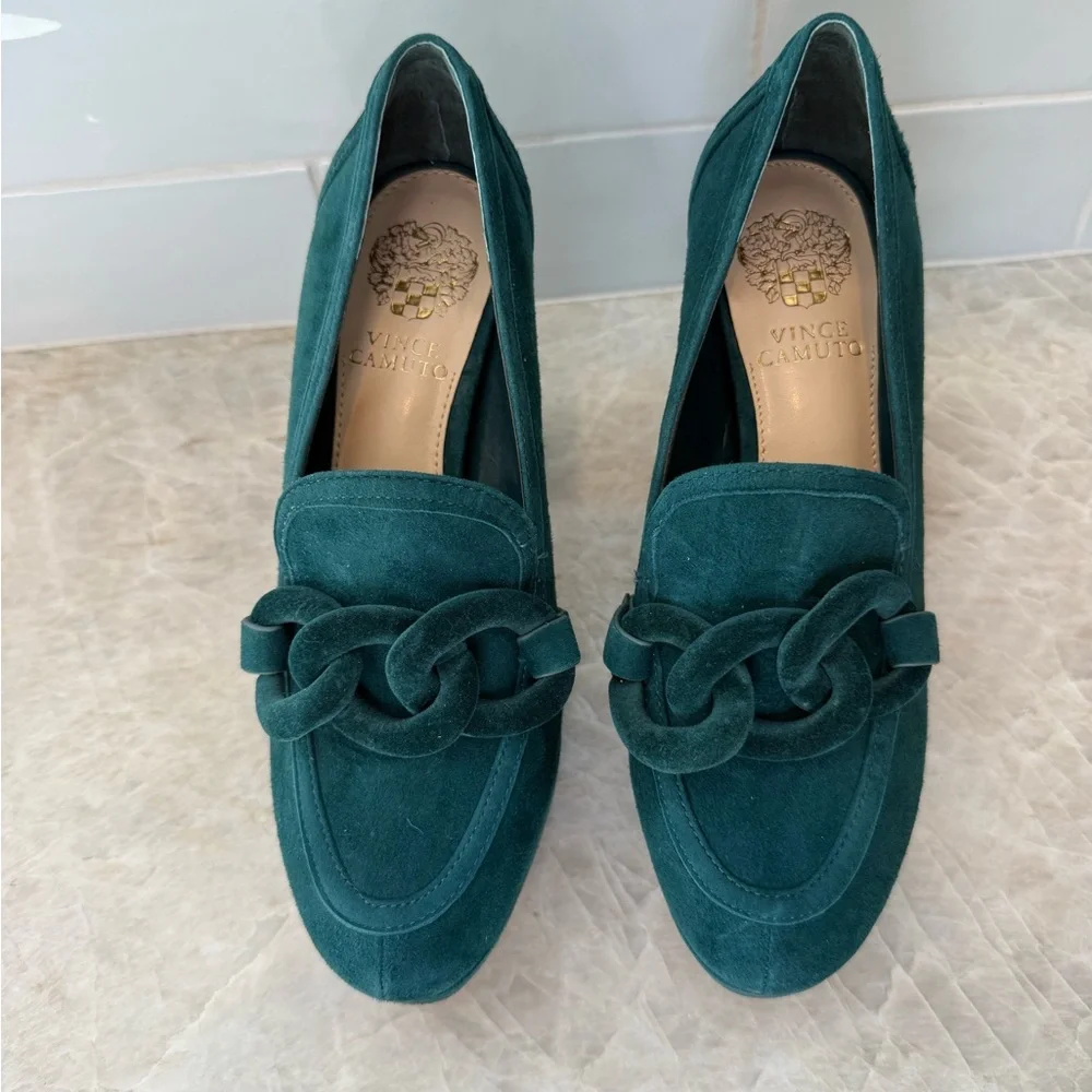 Vince Camuto Teal Suede Chain-Link Loafers